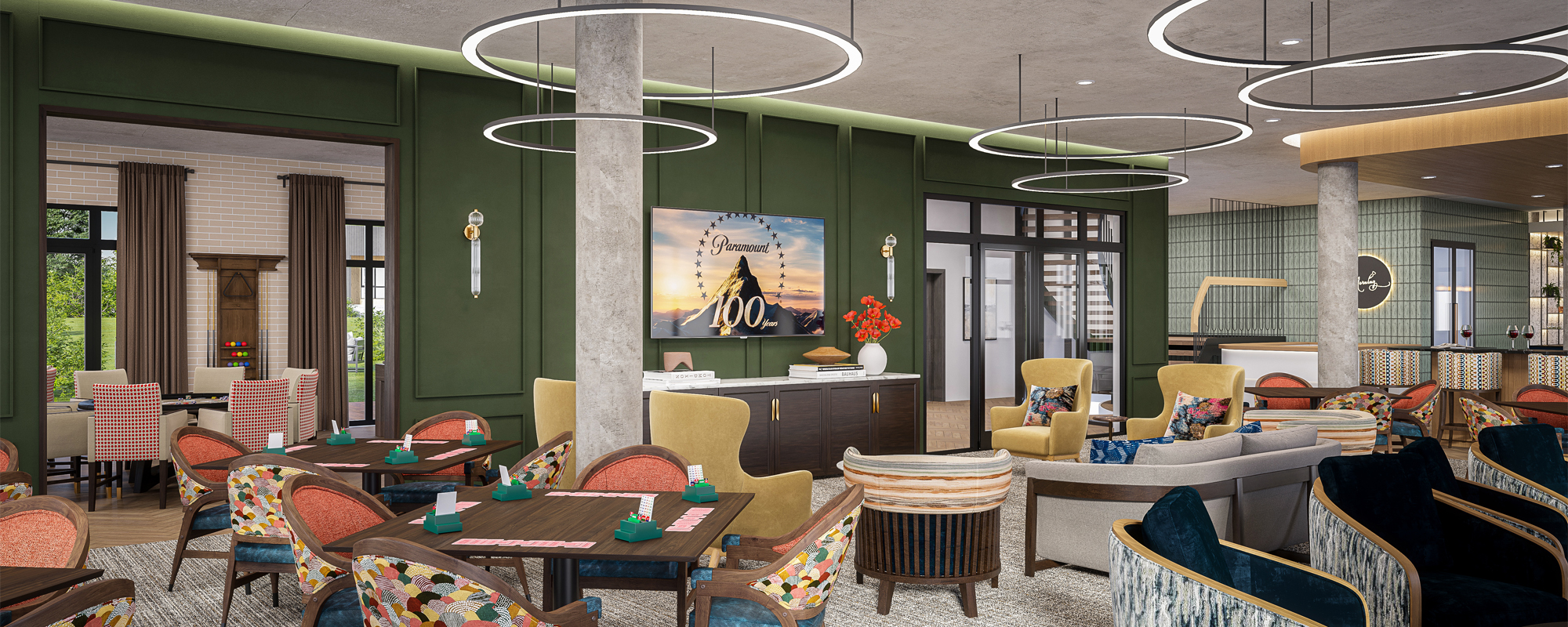 Rendering of Fireside Lounge at Serenbe Wellness and Community Hub